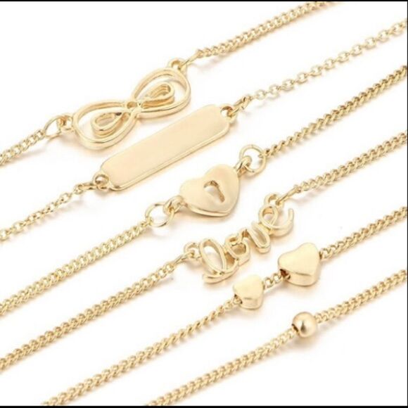NEW Set of 6 gold bracelets / anklets heart, bar, Infiniti, lock, adjustable… - Picture 2 of 5